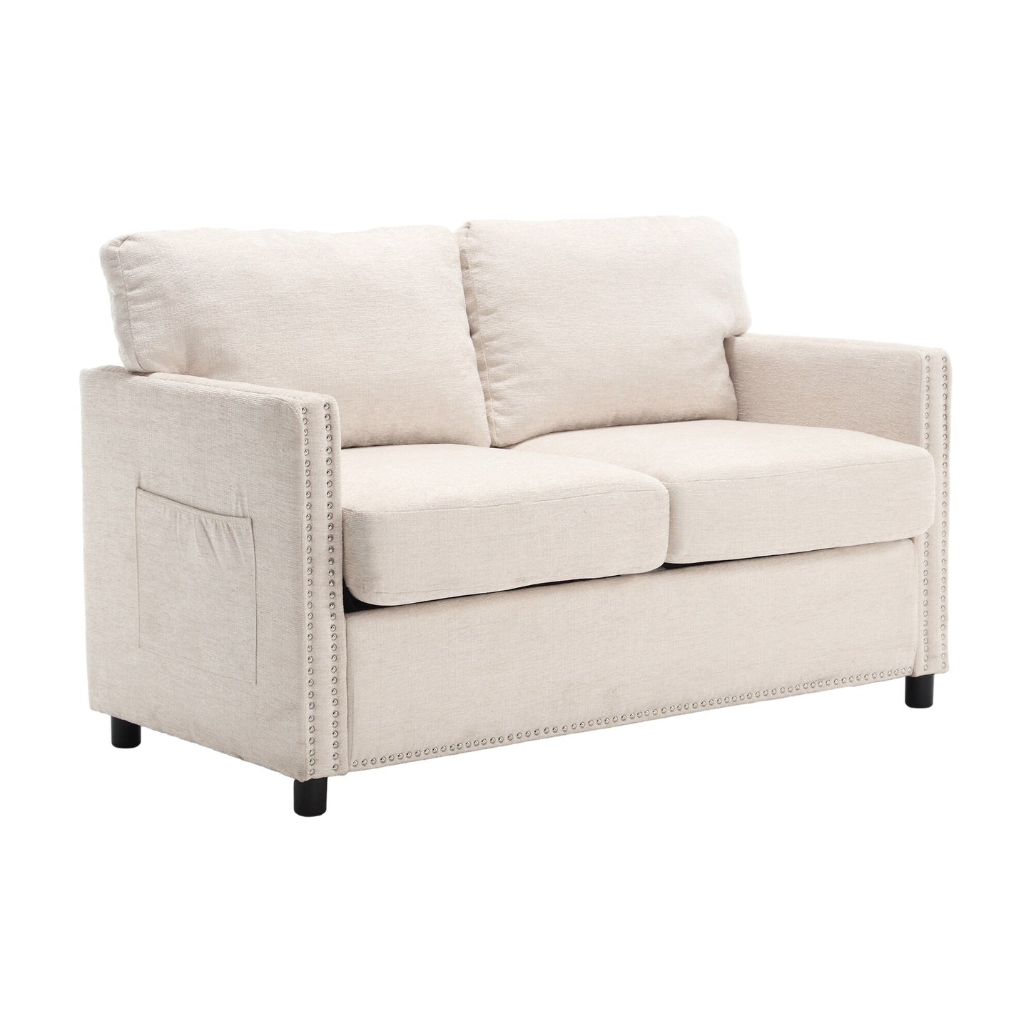 Divano a due posti in ciniglia beige con tasca e borchie