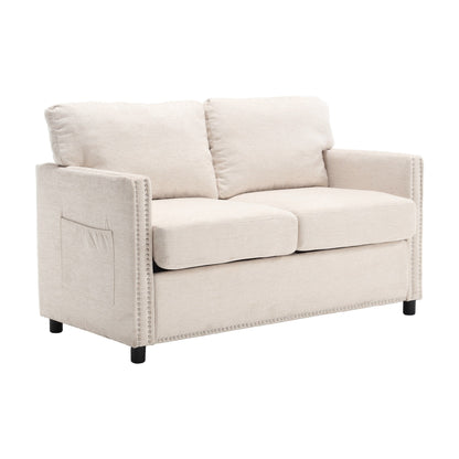 Divano a due posti in ciniglia beige con tasca e borchie