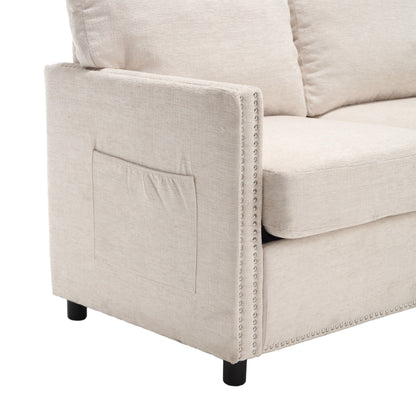 Divano a due posti in ciniglia beige con tasca e borchie