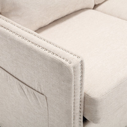 Divano a due posti in ciniglia beige con tasca e borchie