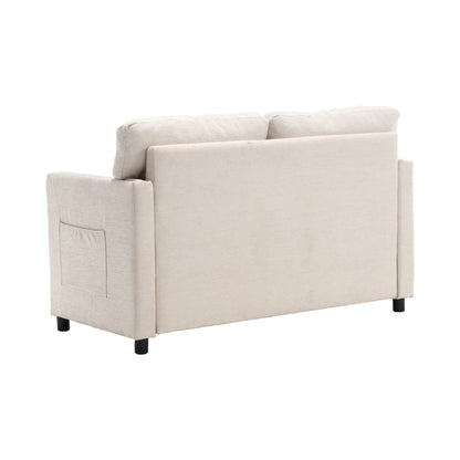 Divano a due posti in ciniglia beige con tasca e borchie