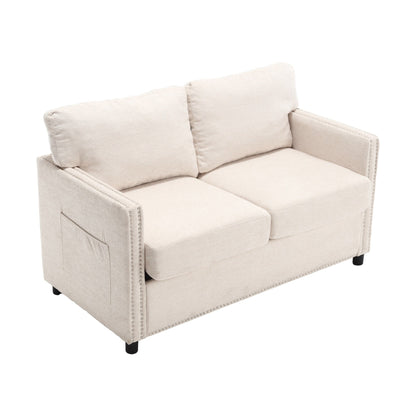 Divano a due posti in ciniglia beige con tasca e borchie