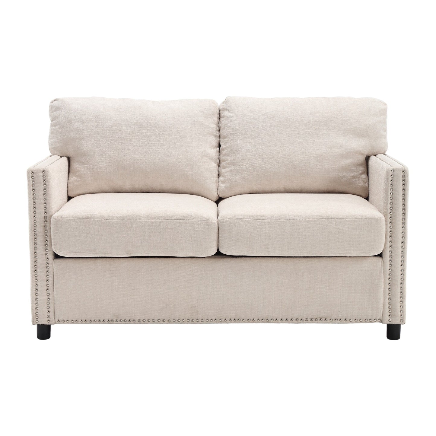 Divano a due posti in ciniglia beige con tasca e borchie