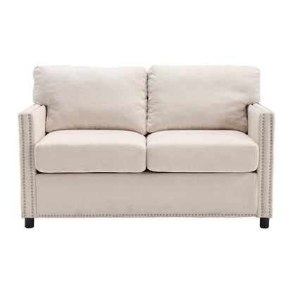 Divano a due posti in ciniglia beige con tasca e borchie