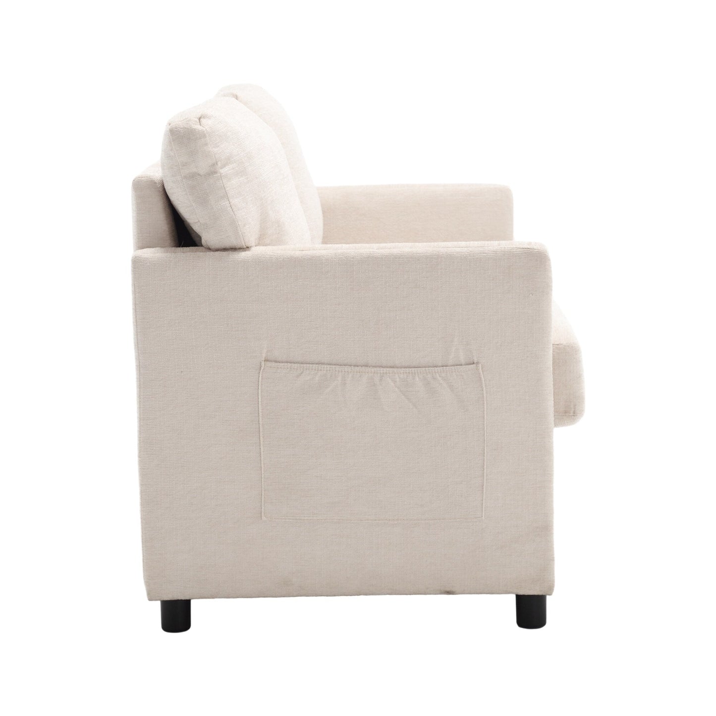 Divano a due posti in ciniglia beige con tasca e borchie
