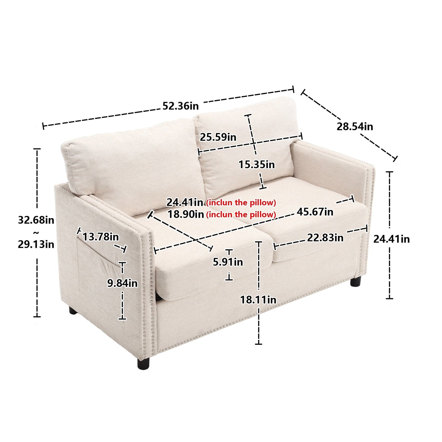 Divano a due posti in ciniglia beige con tasca e borchie
