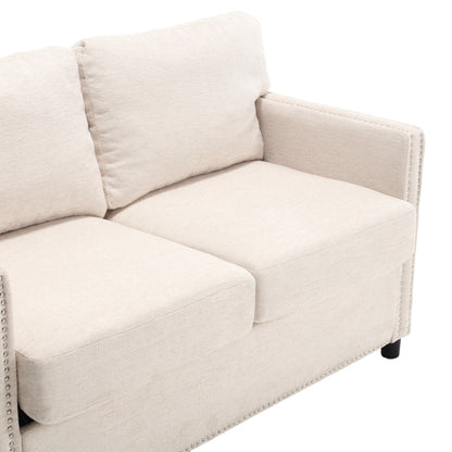 Divano a due posti in ciniglia beige con tasca e borchie