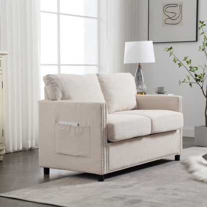 Divano a due posti in ciniglia beige con tasca e borchie