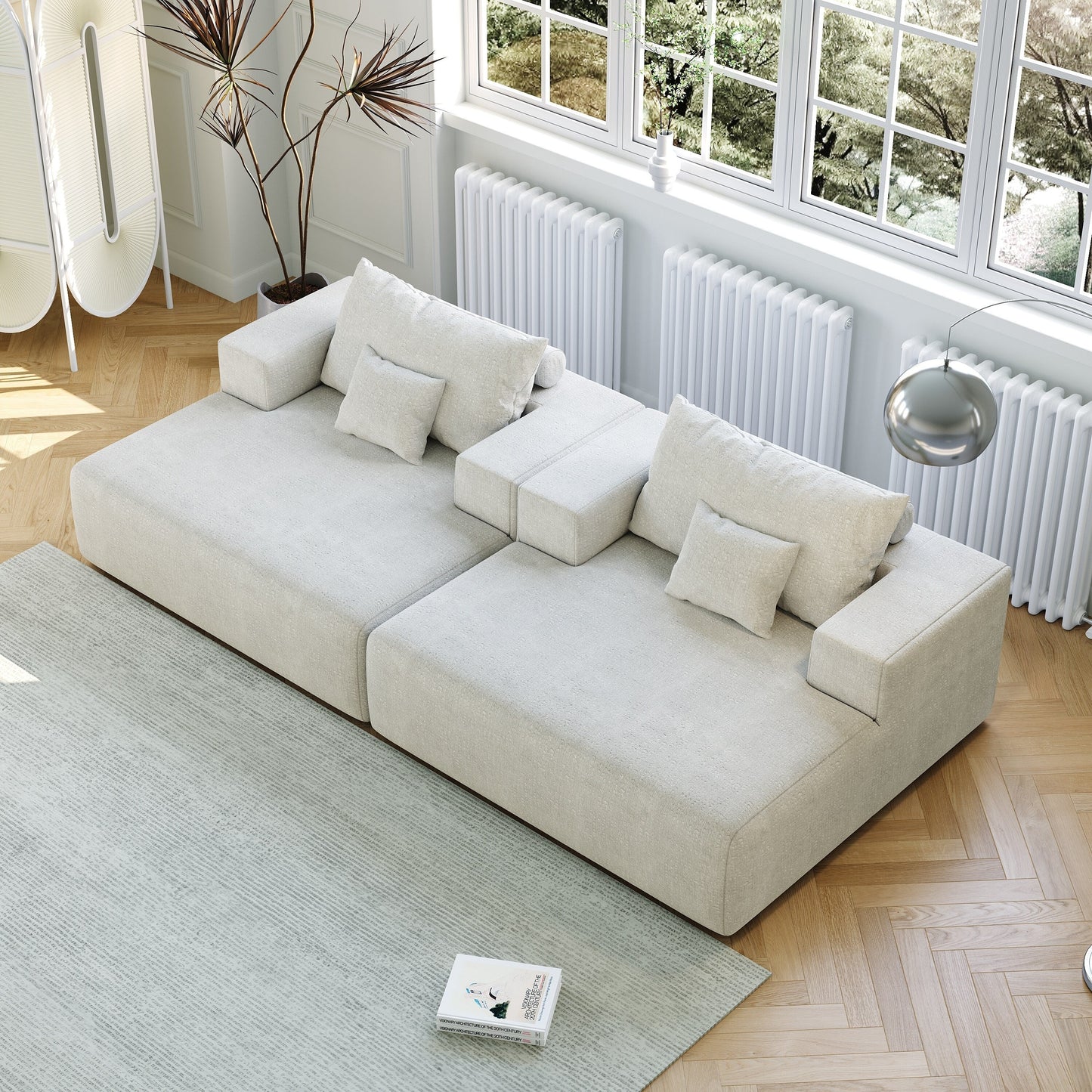 Divano letto singolo in ciniglia beige con cuscino per schienale