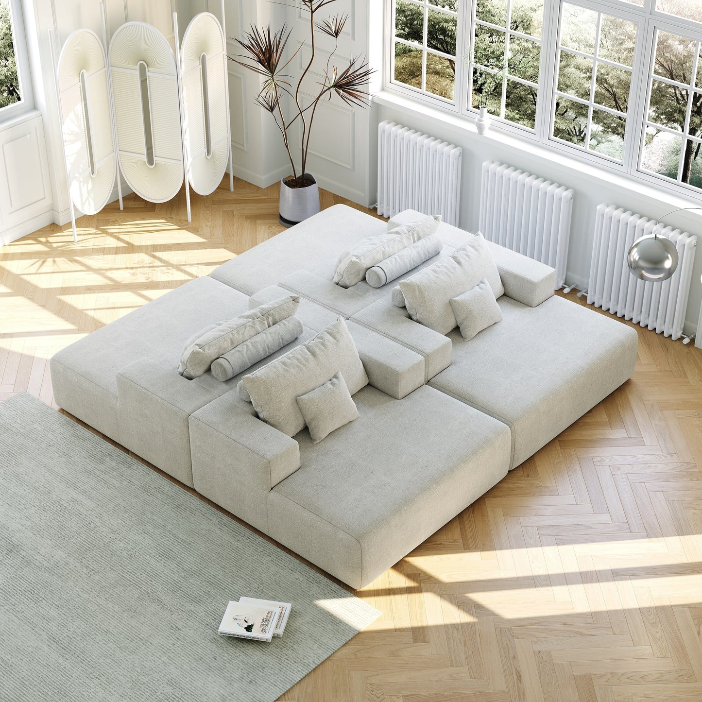Divano letto singolo in ciniglia beige con cuscino per schienale