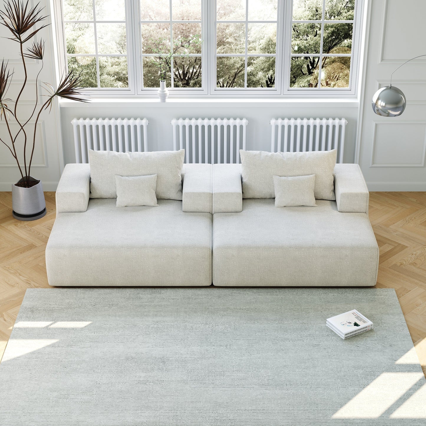 Divano letto singolo in ciniglia beige con cuscino per schienale