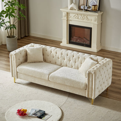 Divano a 3 posti imbottito in ciniglia beige con gambe in metallo