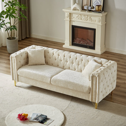 Divano a 3 posti imbottito in ciniglia beige con gambe in metallo