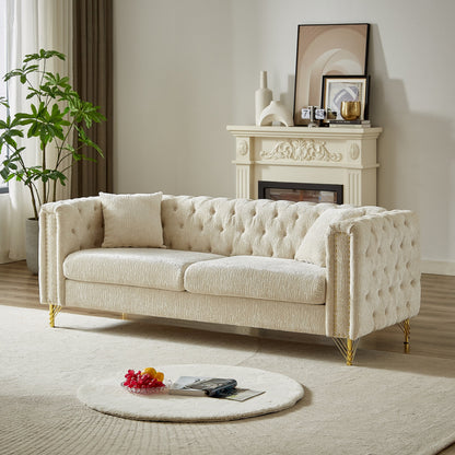 Divano a 3 posti imbottito in ciniglia beige con gambe in metallo