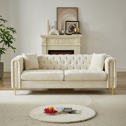 Divano a 3 posti imbottito in ciniglia beige con gambe in metallo