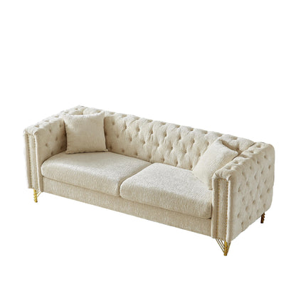 Divano a 3 posti imbottito in ciniglia beige con gambe in metallo