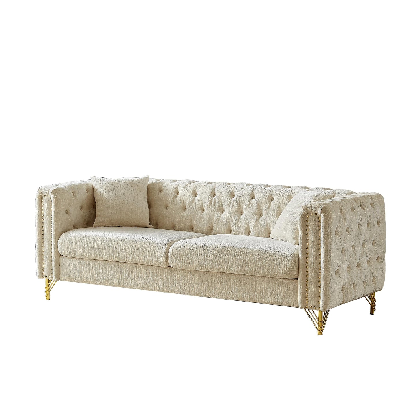 Divano a 3 posti imbottito in ciniglia beige con gambe in metallo