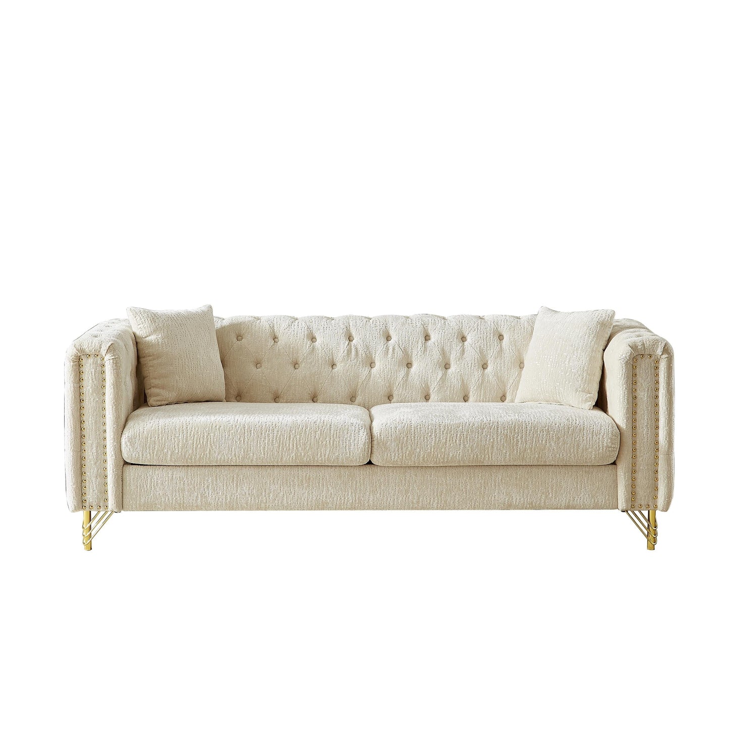 Divano a 3 posti imbottito in ciniglia beige con gambe in metallo