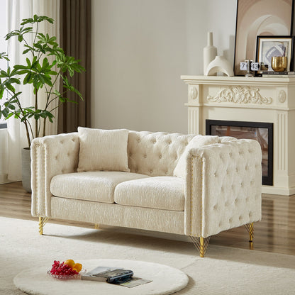 Divano a due posti imbottito in ciniglia beige con gambe in metallo