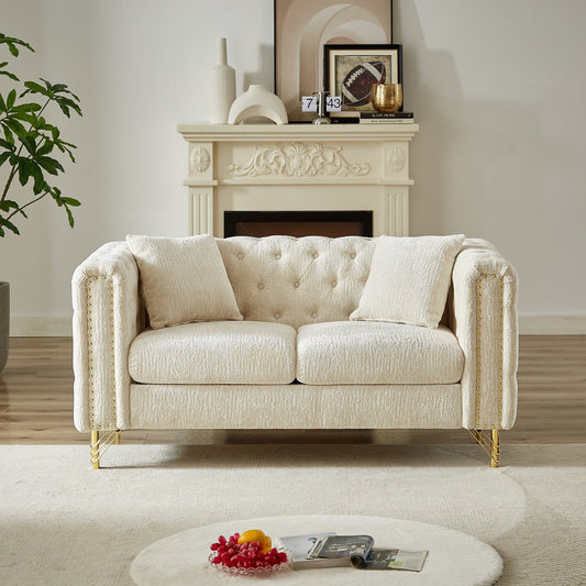 Divano a due posti imbottito in ciniglia beige con gambe in metallo