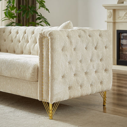 Divano a due posti imbottito in ciniglia beige con gambe in metallo