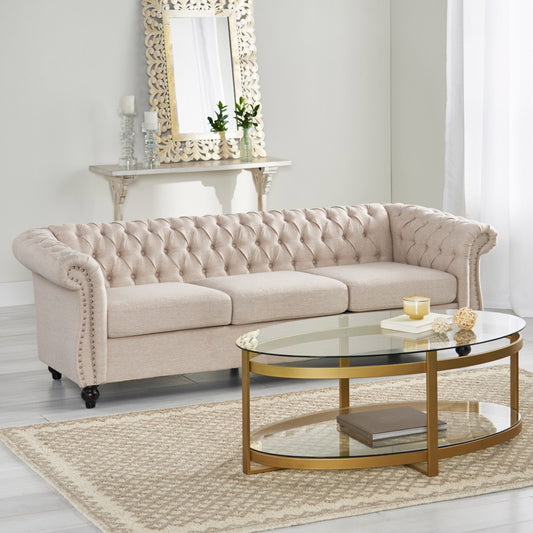 Divano Chesterfield beige 84.75 imbottito con bottoni, 3 posti, borchie e gambe in legno