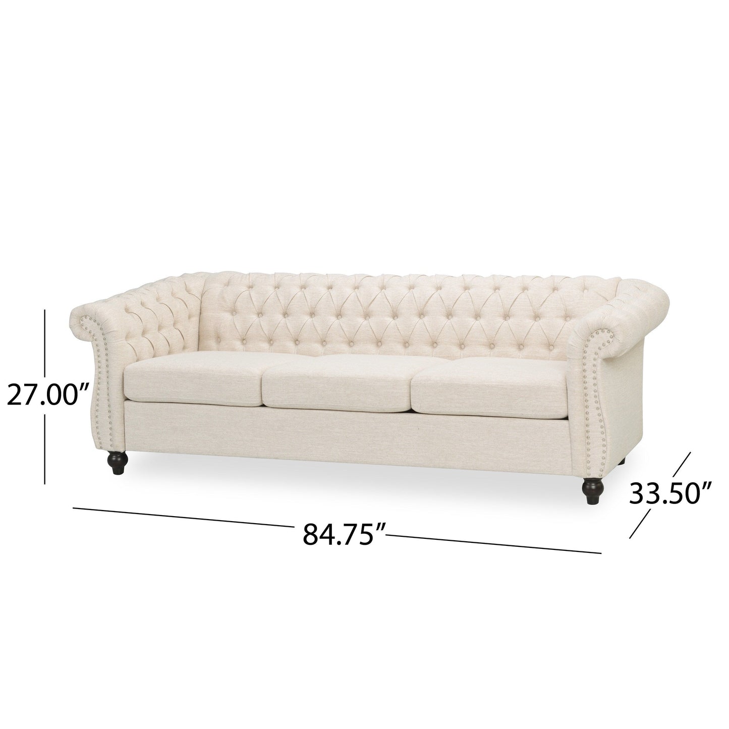 Divano Chesterfield beige 84.75 imbottito con bottoni, 3 posti, borchie e gambe in legno
