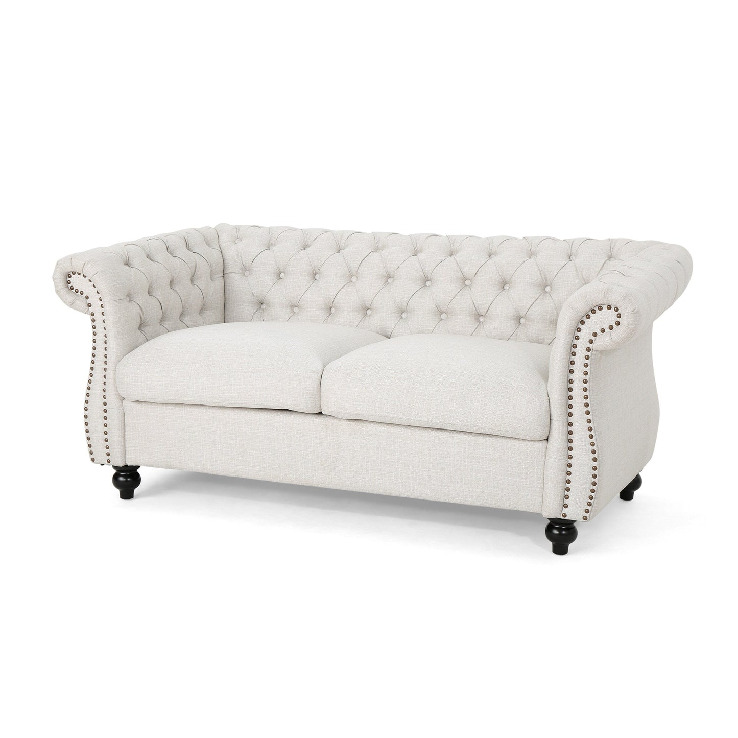 Divano a due posti Chesterfield beige con bottoni e borchie