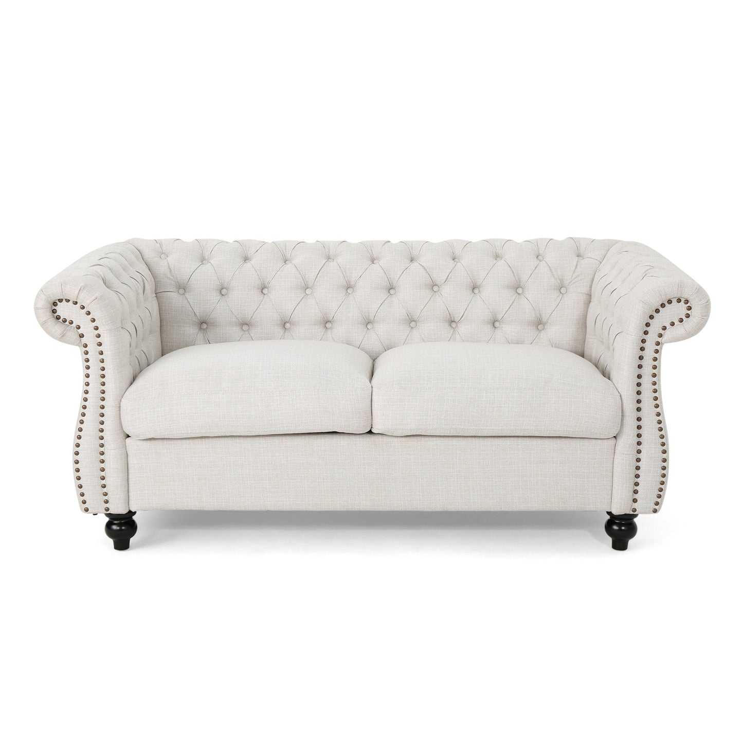 Divano a due posti Chesterfield beige con bottoni e borchie