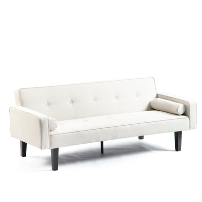 Divano letto futon beige convertibile a 3 posti con gambe in legno