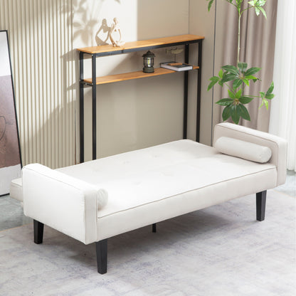 Divano letto futon beige convertibile a 3 posti con gambe in legno