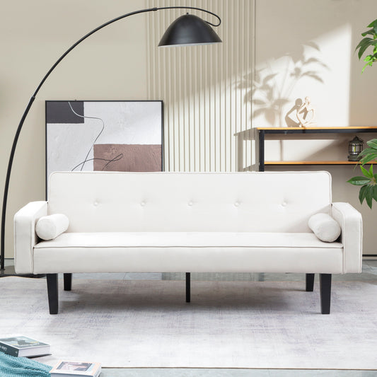 Divano letto futon beige convertibile a 3 posti con gambe in legno