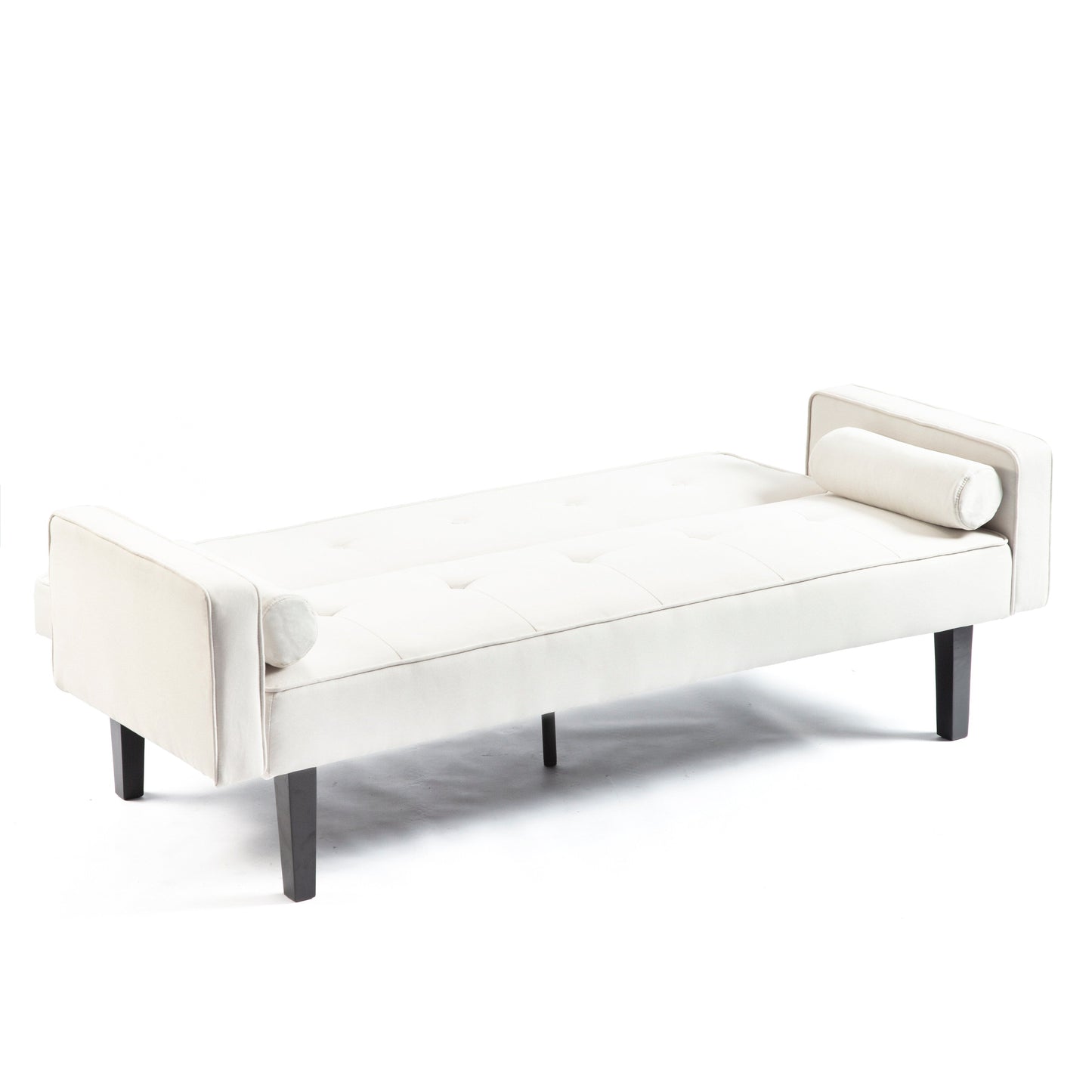 Divano letto futon beige convertibile a 3 posti con gambe in legno