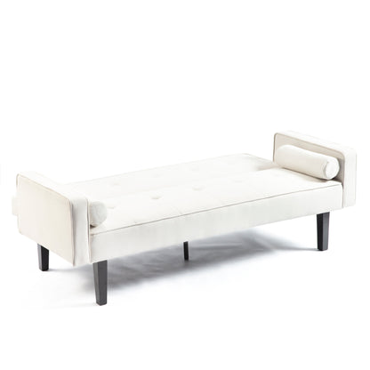 Divano letto futon beige convertibile a 3 posti con gambe in legno