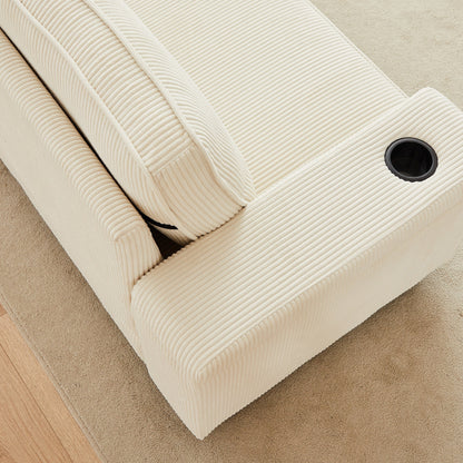 Divano a 3 posti in velluto a coste beige con porte USB e portabicchieri