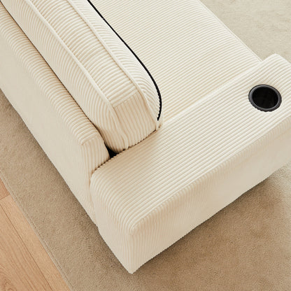 Divano a 3 posti in velluto a coste beige con porte USB e portabicchieri