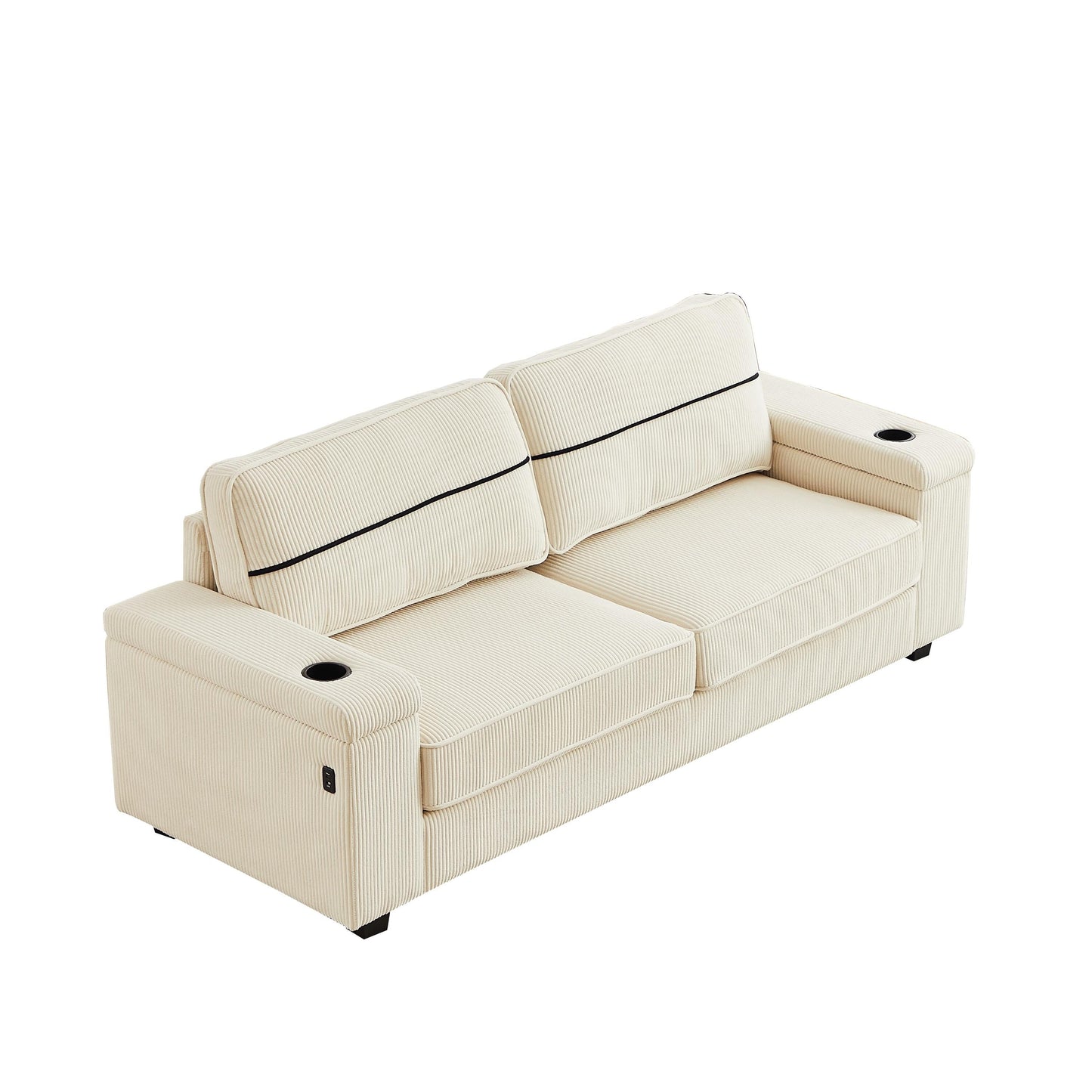 Divano a 3 posti in velluto a coste beige con porte USB e portabicchieri