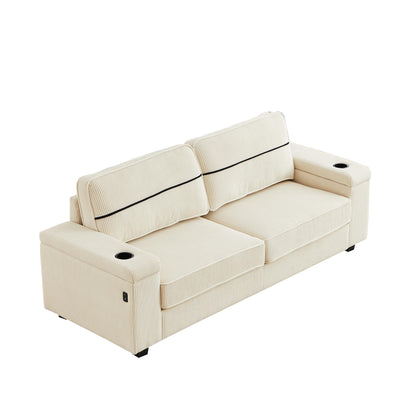 Divano a 3 posti in velluto a coste beige con porte USB e portabicchieri
