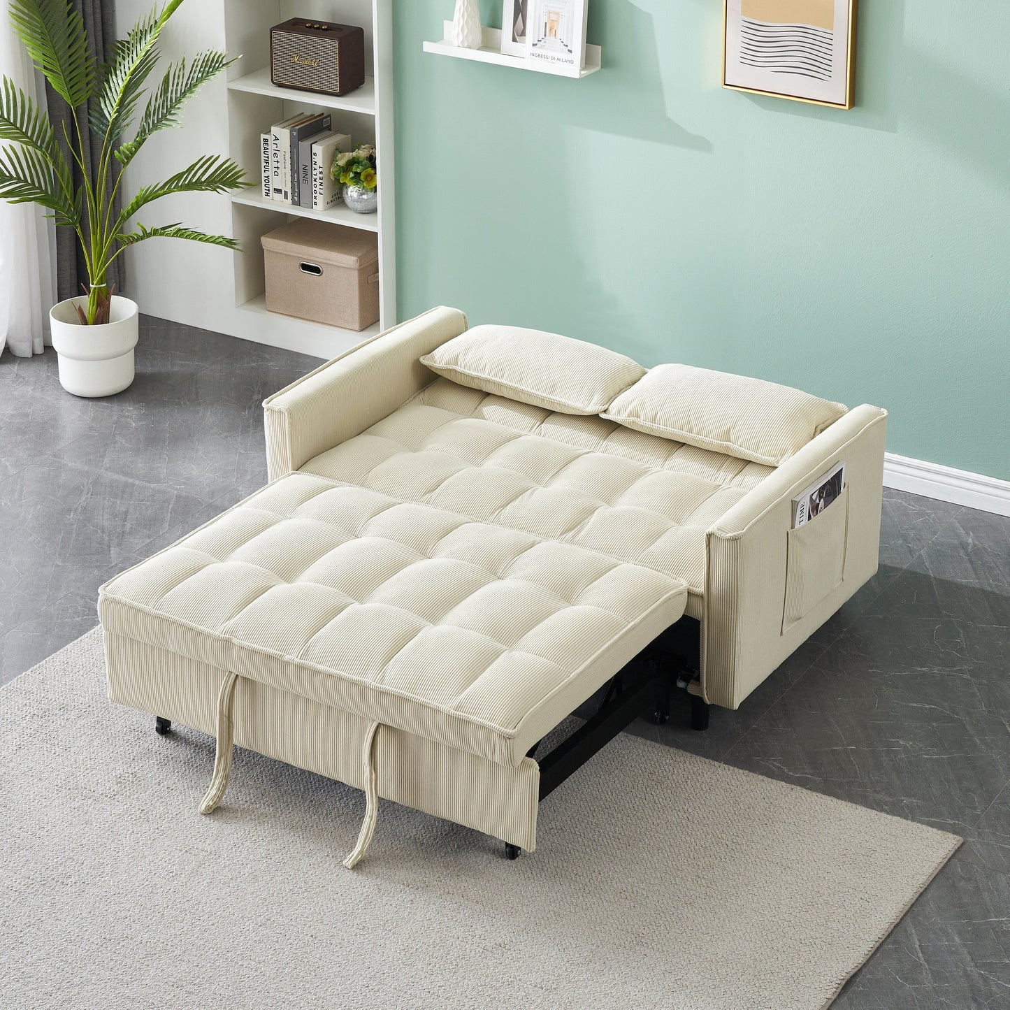 Divano letto estraibile in velluto a coste beige con schienale regolabile
