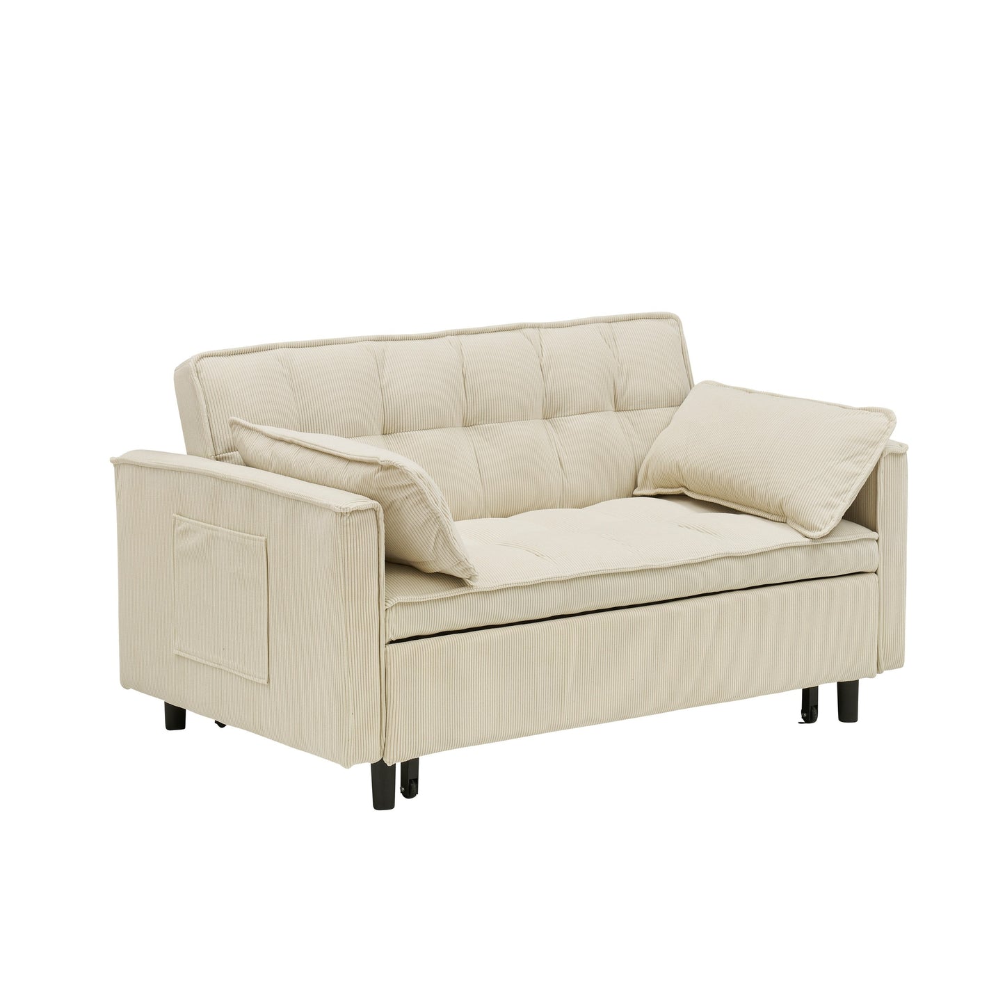 Divano letto estraibile in velluto a coste beige con schienale regolabile