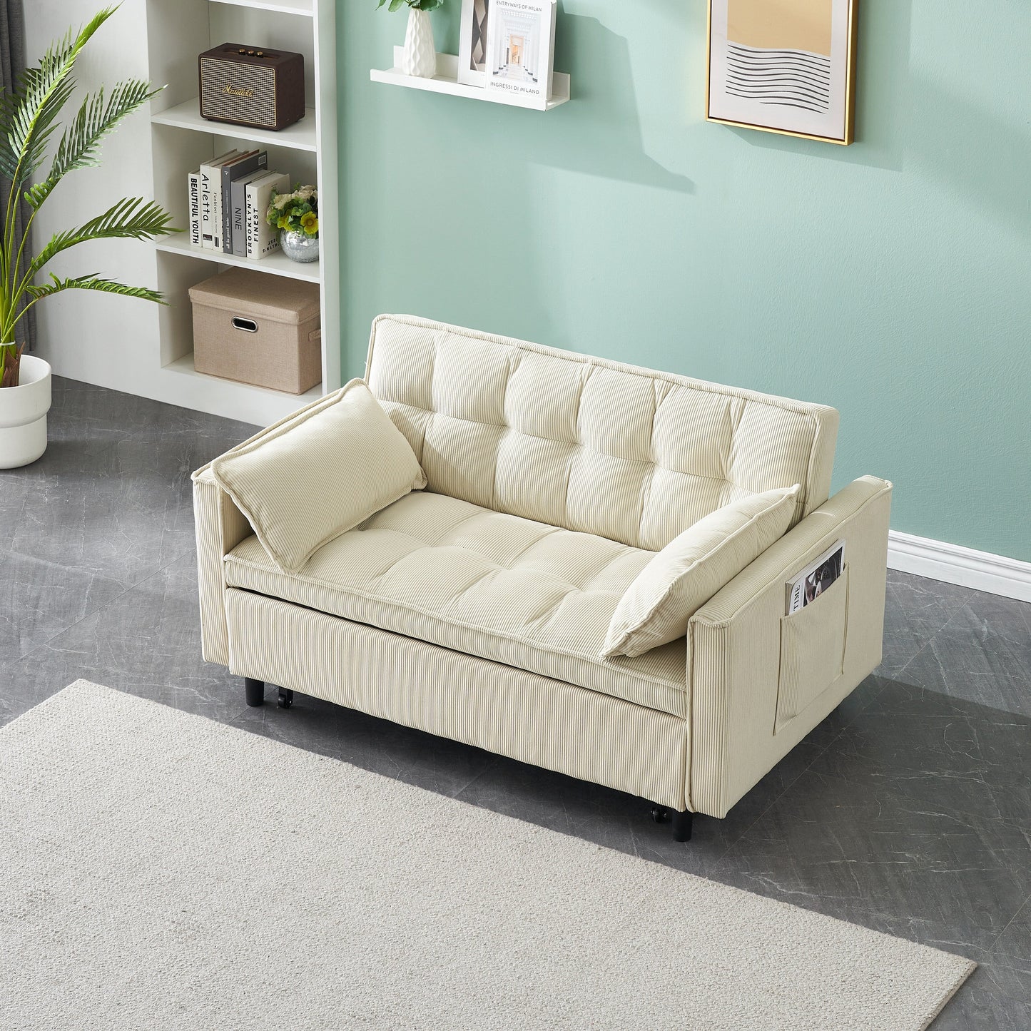 Divano letto estraibile in velluto a coste beige con schienale regolabile