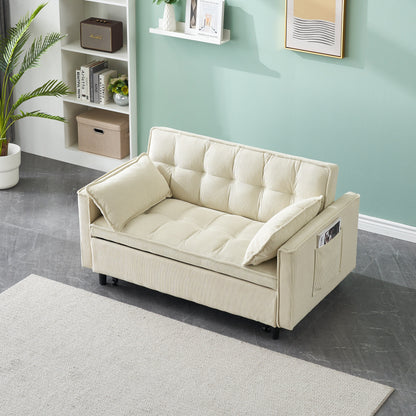 Divano letto estraibile in velluto a coste beige con schienale regolabile