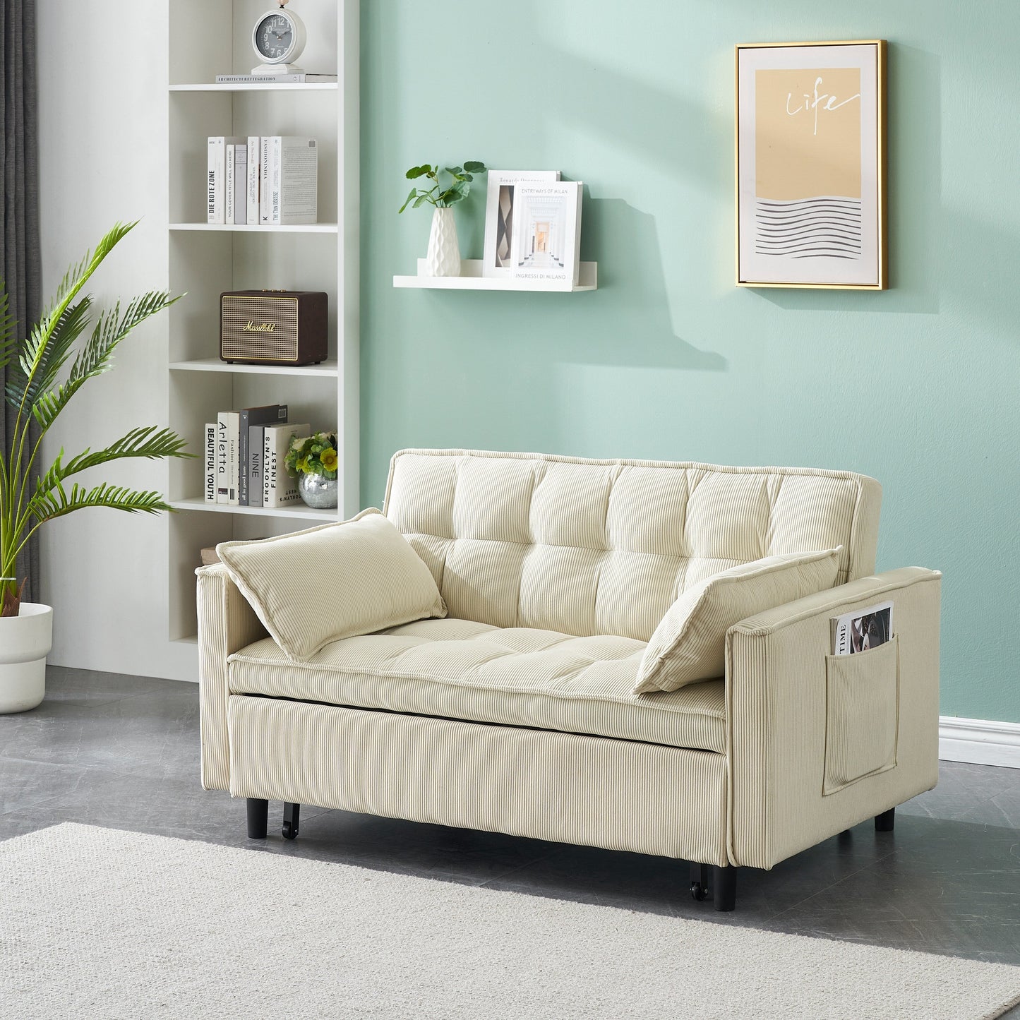Divano letto estraibile in velluto a coste beige con schienale regolabile