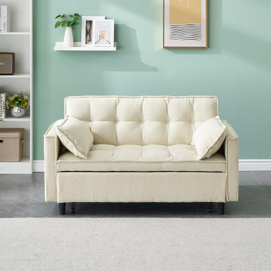 Divano letto estraibile in velluto a coste beige con schienale regolabile