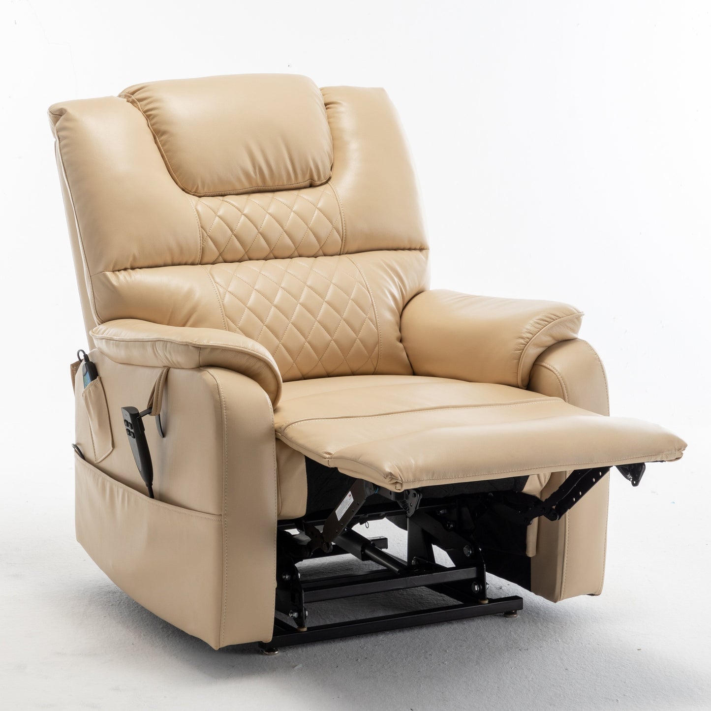 Poltrona reclinabile elettrica beige per anziani con reclinazione completa di 180°, motore OKIN, seduta ampia e tasche laterali