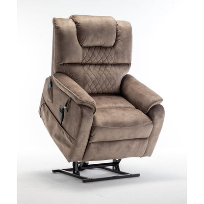 Poltrona reclinabile elettrica beige per anziani con reclinazione completa di 180°, motore OKIN, seduta ampia e tasche laterali