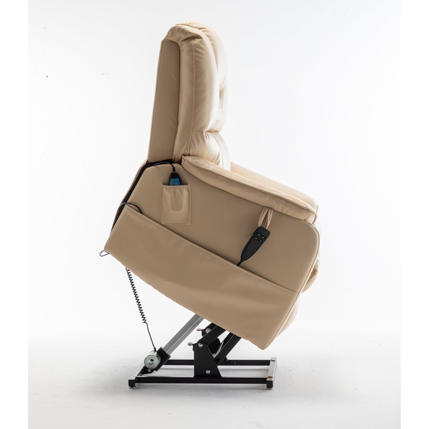 Poltrona reclinabile elettrica beige per anziani con reclinazione completa di 180°, motore OKIN, seduta ampia e tasche laterali
