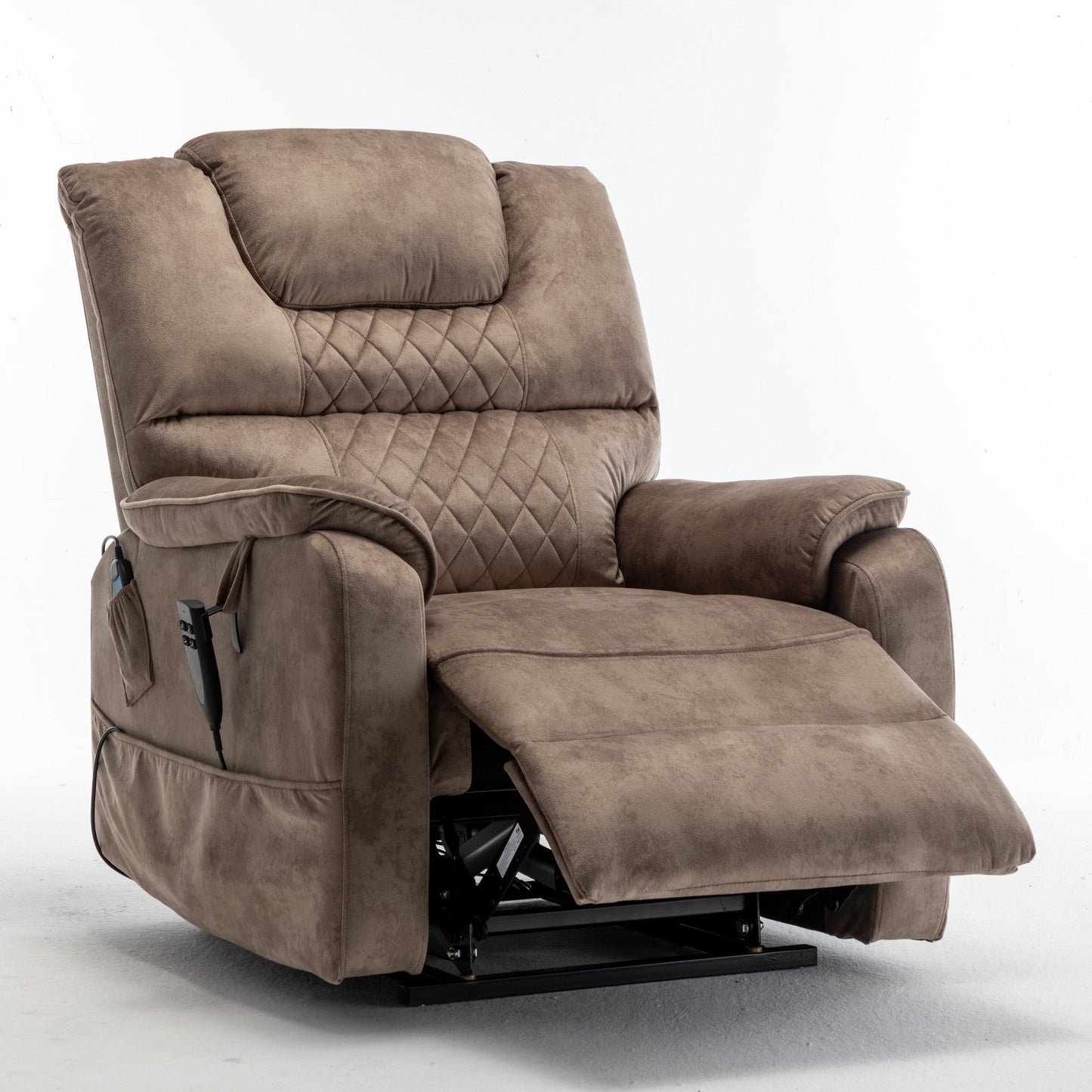 Poltrona reclinabile elettrica beige per anziani con motore OKIN, reclinazione completa di 180°, ampia seduta e tasche portaoggetti laterali