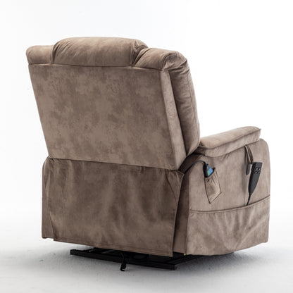 Poltrona reclinabile elettrica beige per anziani con motore OKIN, reclinazione completa di 180°, ampia seduta e tasche portaoggetti laterali