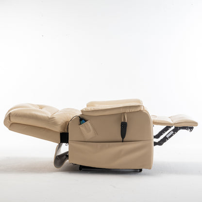 Poltrona reclinabile elettrica beige per anziani con motore OKIN, reclinazione completa di 180°, ampia seduta e tasche portaoggetti laterali